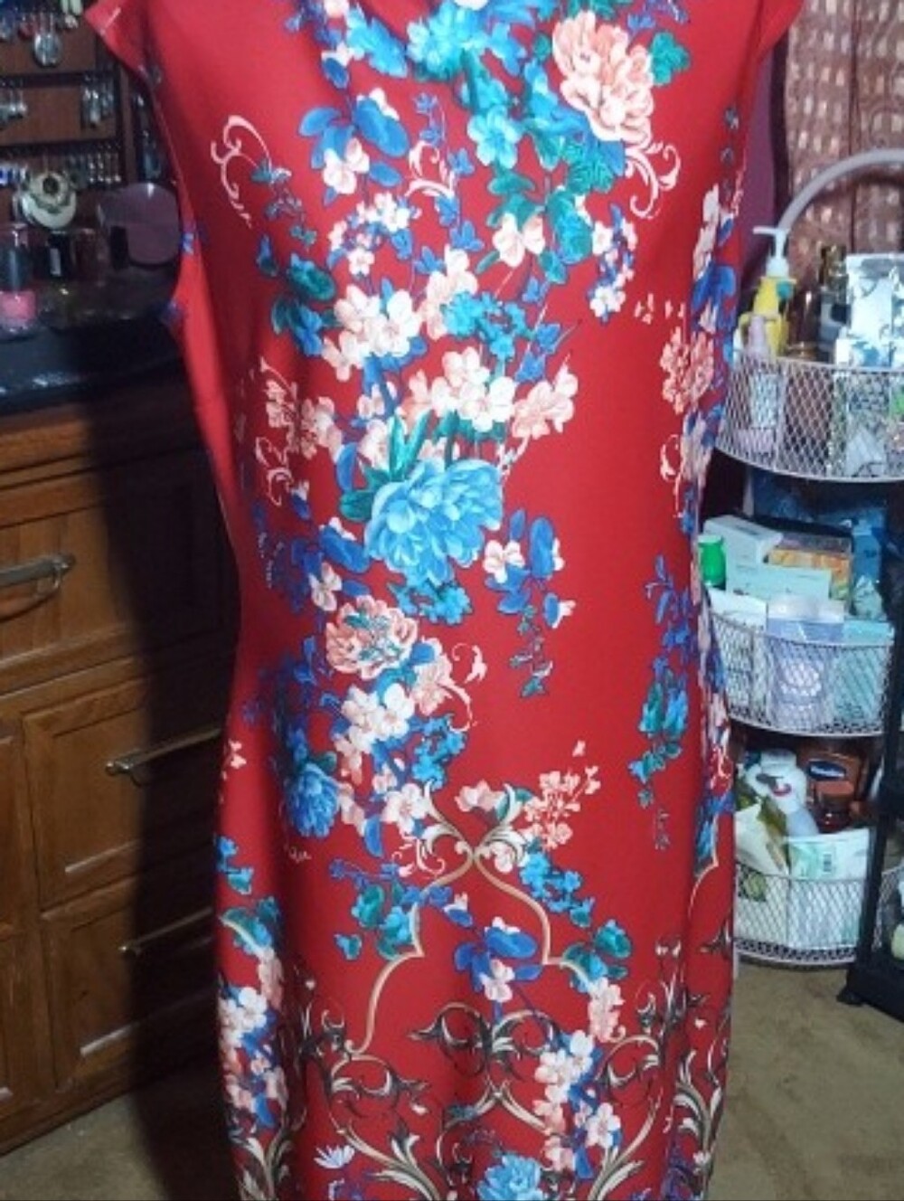 NEW YORK & COMPANY Sleeveless Sheath Long Dress RED BLUE FLORAL Size XL